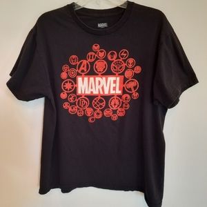 Marvel Black Short Sleeve Tee with Marvel  Character Logos. Size Large